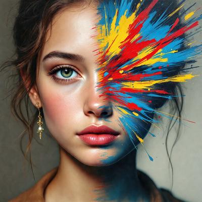 The primary subject of the image is a woman with a blue and yellow face. She is wearing a brown shirt and has a brown hair. The setting is a close-up of her face, and the visual style appears to be a digital art or illustration. The dominant colors in the image are blue and yellow, creating a vibrant and lively atmosphere.